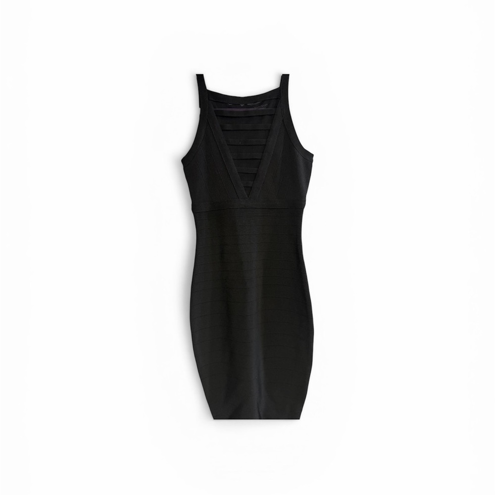 Marciano Black Bandage Bodycon Dress with Strappy V-Neck